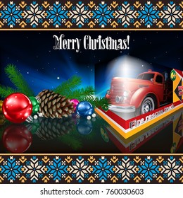Christmas greeting with decoration and fire truck toy