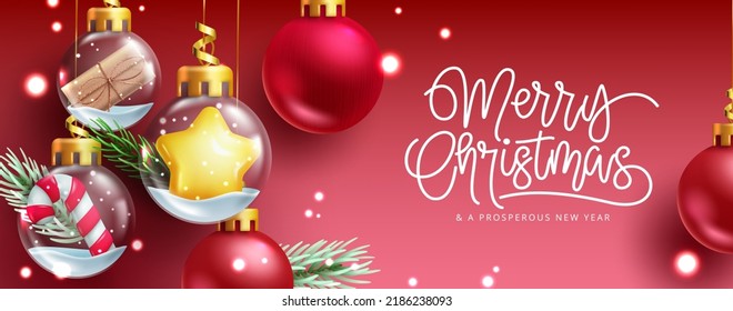 Diseño vectorial de decoración de saludos de Navidad. Feliz navidad texto con elementos 3d colgantes de bolas de navidad en el fondo rojo para la temporada navideña. Ilustración vectorial.
