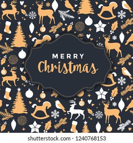 Christmas greeting design with gold and white holiday elements on black background