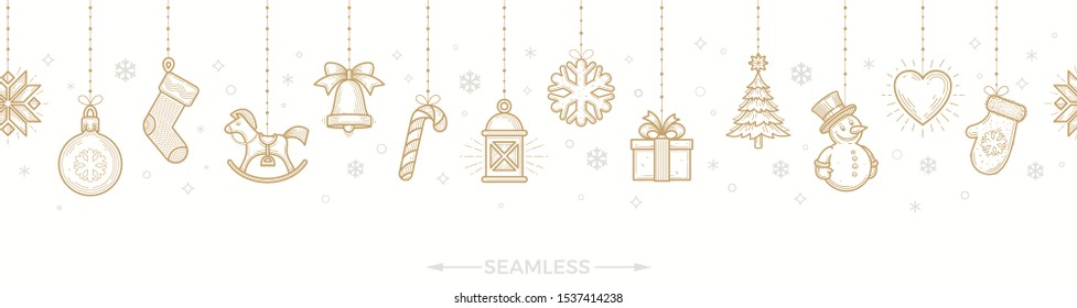 Christmas greeting design. Horizontal seamless pattern with holiday signs and symbols hanging on white background, Vector illustration.