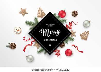 Christmas greeting design with ribbons, Christmas ornaments, cookies, candy cane, pine cones and fir branches