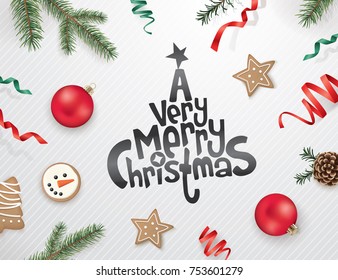 Christmas greeting design with ribbons, Christmas ornaments, cookies, candy cane, pine cones and fir branches