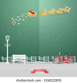 Christmas Greeting design with Santa Claus rides deer on the sky in winter season,Paper art Vector and Illustration