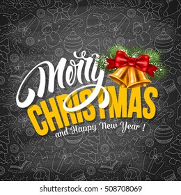 Christmas Greeting Design Template in Hand Drawn Doodle Style with Different Objects on Winter Holidays Theme. Chalkboard Design. Calligraphy Inscription Merry Christmas. Vector stock Illustration. 