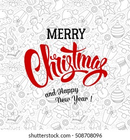 Plantilla de diseño de saludo de Navidad en estilo de garabato dibujado a mano con diferentes objetos en el tema de vacaciones de invierno. Inscripción caligráfica Feliz Navidad. Ilustración de material vectorial. 