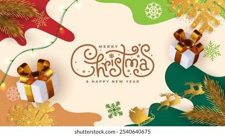 Christmas greeting design with, gift boxes, ornaments, and snowflakes on an abstract background. Vector Illustration.