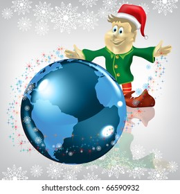 christmas greeting dwarf with globe on a white background