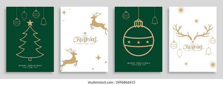 Christmas greeting elegant card vector set design. Merry christmas invitation cards with gold glitter xmas tree, deer, ball and horn glittering ornaments in red and white template. Vector illustration