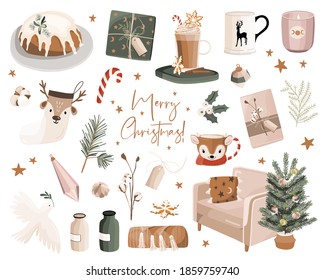 Christmas Greeting elements with Scandinavian winter elements. Merry holidays. Template for New 2021 Year, gift tag, calendar, Scrapbooking, Stickers, Planner, Invitations.