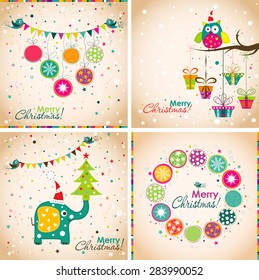 Christmas greeting with an elephant, owl, Christmas balls, Christmas tree