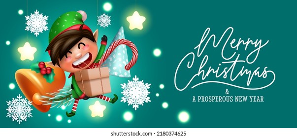 Christmas greeting elf vector design. Merry christmas text with friendly and happy elf kid character holding gift box element for holiday season. Vector illustration.
