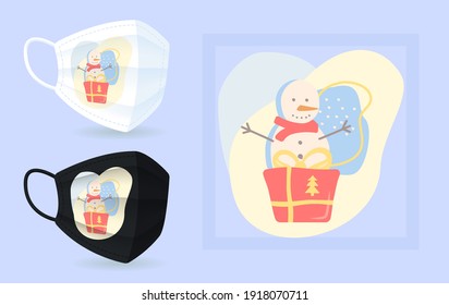 Christmas greeting face mask mockup with abstract element layout. Snowman with present box. Colourful 2D graphic shapes in modern creative style. Trendy isolated doodles illustration
