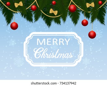 Christmas greeting with fir branches and red balls on a light blue background and the inscription in the frame