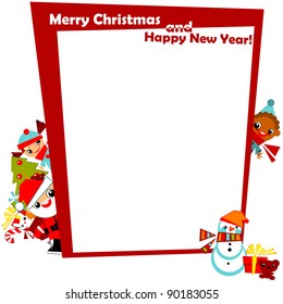 christmas greeting  frame kids with Santa, snowman, Christmas tree, gifts in the boxes at the edges of the red frame, with the signature Merry Christmas and happy new year Vector illustration. border