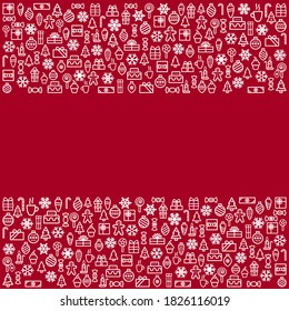 Marco de saludo de Navidad con espacio para texto. Árbol lineal, bolas, velas, regalos, caramelos, iconos de copos de nieve. Año Nuevo, concepto de Nochebuena para tarjetas de felicitación, medios sociales, publicidad de venta.
