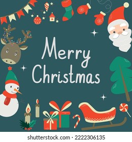 Christmas greeting frame with traditional symbols - Snowman, Santa, Reindeer, Tree, Gifts and Sleigh. Vector illustration in flat cartoon style with text Merry Christmas, isolated on dark background.