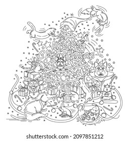Christmas greeting with funny pets in doodle style