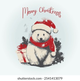 Christmas Greeting gift with Bear Santa Claus. Merry Christmas lettering. Halftone effect Bear in Christmas scarf. Template for New 2025 Year Cards, Scrapbooking, Stickers, Planner, Invitations.