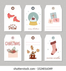 Christmas greeting gift tag collection with holiday elements. Holidays gift tag vector illustration.