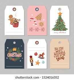 Christmas greeting gift tag collection with holiday elements. 