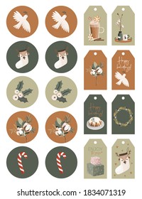 Christmas Greeting gift tags and labels with Scandinavian winter elements. Merry holidays. Template for New 2021 Year, gift tag, calendar, Scrapbooking, Stickers, Planner, Invitations.