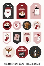 Christmas Greeting gift tags and labels with Scandinavian winter elements. Merry holidays. Template for New 2021 Year, gift tag, calendar, Scrapbooking, Stickers, Planner, Invitations.