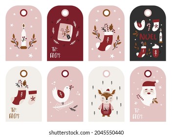 Christmas Greeting gift tags with Scandinavian winter elements. Merry holidays. Template for New 2022 Year, label, cards, calendar, Scrapbooking, Stickers, Planner, Invitations.