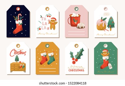Christmas Greeting Gift tags set with winter elements. Merry holidays. Template for New 2020 Year gift tag, calendar, Scrapbooking, Stickers, Planner, Invitations.