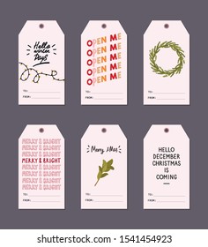 Christmas Greeting gift tags set with winter elements and holiday lettering wishes. Template for New 2020 Year and Christmas gift tag, calendar, scrapbooking, planner, invitations, stickers. Isolated 