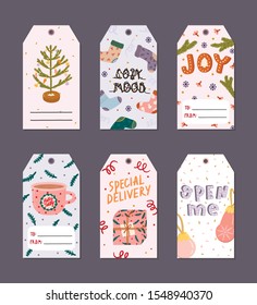 Christmas Greeting gift tags set with winter elements and holiday lettering wishes in Hygge style. Template for New 2020 Year and Christmas gift tag, calendar, scrapbooking, planner, invitations.