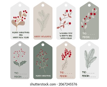 Christmas greeting gift tags with winter elements and holiday wishes. Winter vector illustration isolated on white background.