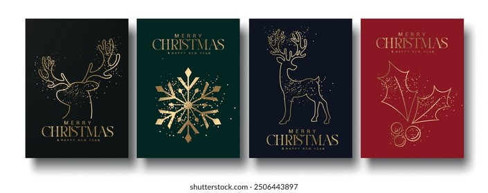 Christmas greeting glitter card vector poster set design. Merry christmas greeting text in elegant template with elegant shining glitters gold elements for xmas layout collection. Vector illustration 