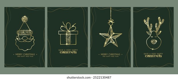 Christmas greeting glitter card vector poster set design. Merry christmas greeting text in elegant template with border and elegant shining glitters gold elements green background for gift tags layout