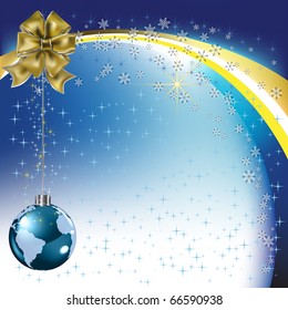 christmas greeting gold bow with planet earth