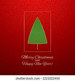 Christmas greeting with a golden and green tree on a 

red background. Vector illustration.