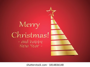 Christmas greeting with golden christmas tree on red background.