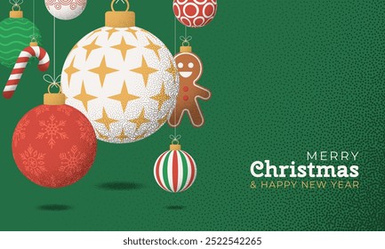 Christmas Greeting grainy card. Merry Christmas and happy new year retro greeting card. Hang on a thread xmas ball bauble on noise green stipple background.