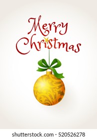 Christmas Greeting with green bow and golden bell. Element for Merry Christmas and Happy New Year's design. Elegant traditional gold decor. Hanging Christmas ornament for decorating.