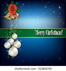 Christmas greeting with hand bells and snowflakes on blue background