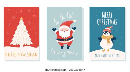 Christmas Greeting Hand Drawn card set. Drawing Merry Xmas invitation vector cards with Doodle xmas tree, Santa and Cute penguin. Cards, poster for the winter Holiday. Modern Flat Christmas background