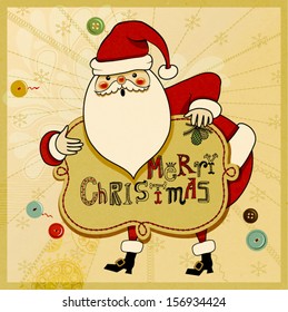 Christmas Greeting - Hand drawn illustration of cute Santa Clause wishing you a Merry Christmas, against neutral patchwork backdrop, with stitches and sewing buttons
