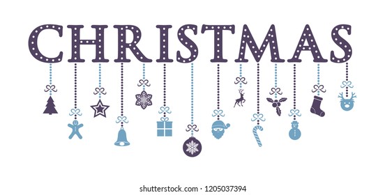 Christmas greeting with hanging ornaments. Vector.
