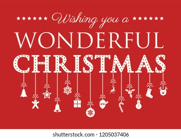 Christmas greeting with hanging ornaments. Vector.