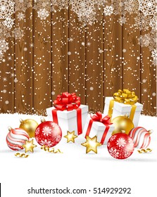 Christmas greeting illustration. Christmas balls, gift boxes and snow on wood texture background.. Vector illustration.