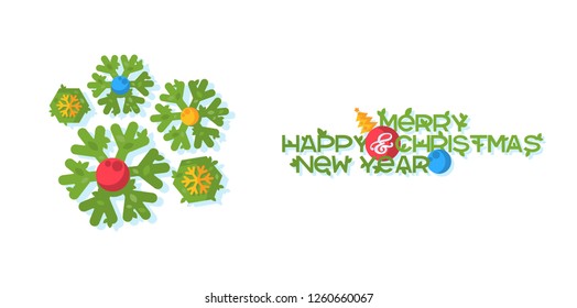 Christmas greeting illustration with flat Christmas ornaments with leaf patterns isolated on a white background