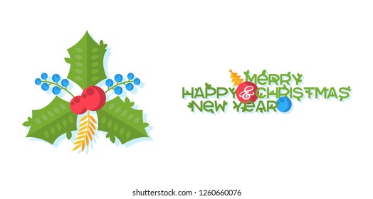 Christmas greeting illustration with flat Christmas ornaments with leaf patterns isolated on a white background