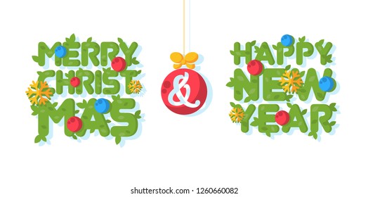 Christmas greeting illustration with flat Christmas ornaments with leaf patterns isolated on a white background