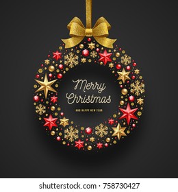 Christmas greeting illustration. Frame in the form of Christmas wreath made from stars, ruby gems golden snowflakes, beads and glitter gold bow ribbon.