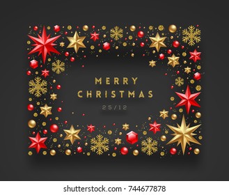 Christmas greeting illustration. Frame made from stars, ruby gems golden snowflakes, beads and glitter gold. Vector illustration.