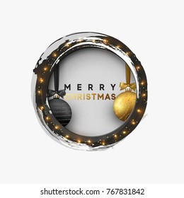 Christmas greeting illustration. Round hole, black abstract frame, with bright light golden garlands, and xmas ornaments balls. 
